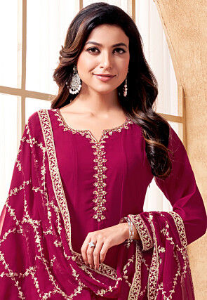 Embroidered Georgette Anarkali Suit in Magenta