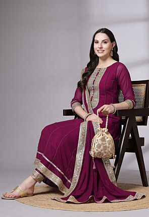 Embroidered Georgette Anarkali Suit in Magenta