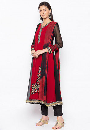 Embroidered Georgette Anarkali Suit in Maroon and Black