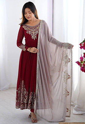 Embroidered Georgette Anarkali Suit in Maroon