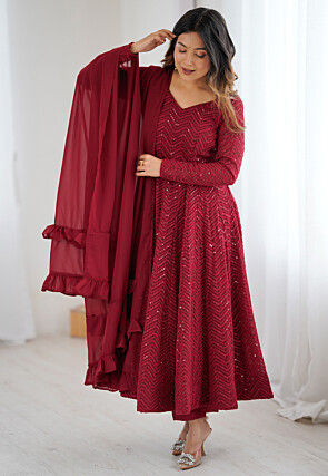 Embroidered Georgette Anarkali Suit in Maroon
