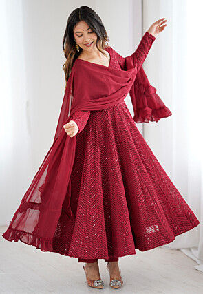 Embroidered Georgette Anarkali Suit in Maroon