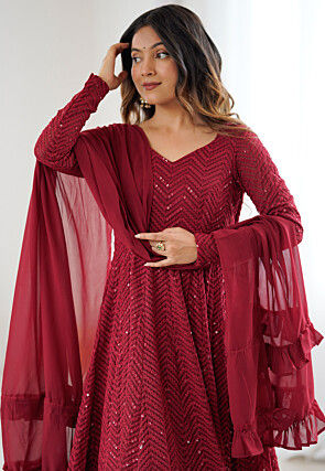 Embroidered Georgette Anarkali Suit in Maroon