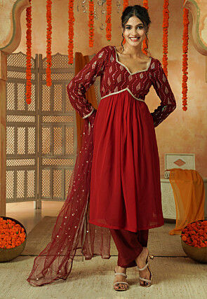 Embroidered Georgette Anarkali Suit in Maroon