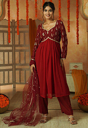 Embroidered Georgette Anarkali Suit in Maroon