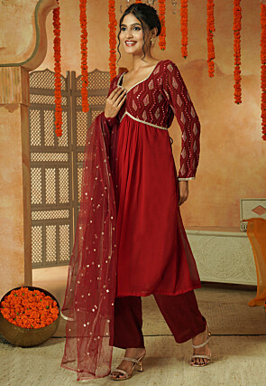 Embroidered Georgette Anarkali Suit in Maroon
