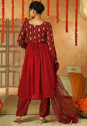 Embroidered Georgette Anarkali Suit in Maroon