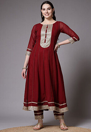 Embroidered Georgette Anarkali Suit in Maroon