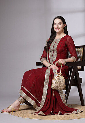 Embroidered Georgette Anarkali Suit in Maroon