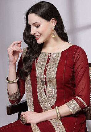 Embroidered Georgette Anarkali Suit in Maroon