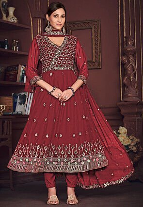 Embroidered Georgette Anarkali Suit in Maroon
