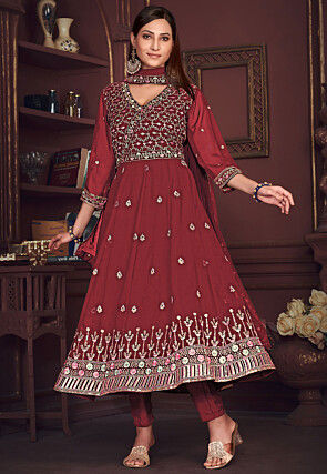 Embroidered Georgette Anarkali Suit in Maroon