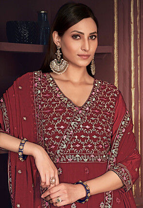 Embroidered Georgette Anarkali Suit in Maroon