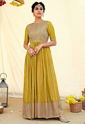Embroidered Georgette Abaya Style Suit in Mustard