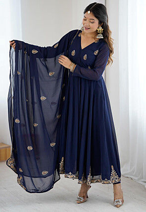 Embroidered Georgette Anarkali Suit in Navy Blue