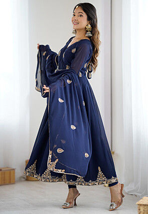 Embroidered Georgette Anarkali Suit in Navy Blue