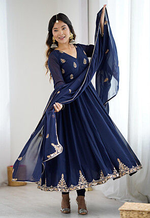 Embroidered Georgette Anarkali Suit in Navy Blue