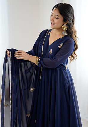 Embroidered Georgette Anarkali Suit in Navy Blue