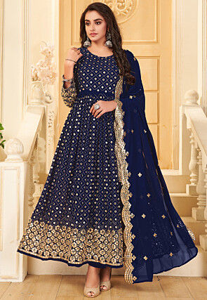 Embroidered Georgette Anarkali Suit in Navy Blue