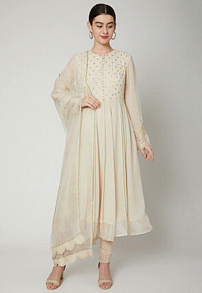 Embroidered Georgette Anarkali Suit in Off White