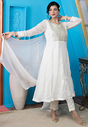 Embroidered Georgette Anarkali Suit in Off White