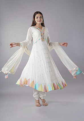 Embroidered Georgette Anarkali Suit in Off White