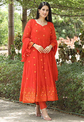 Embroidered Georgette Anarkali Suit in Orange