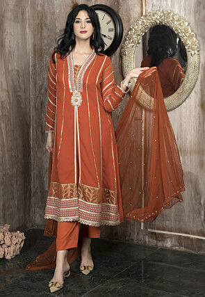 Embroidered Georgette Anarkali Suit in Orange