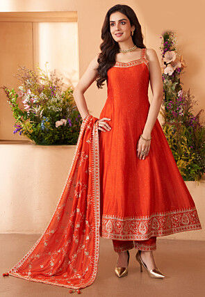Embroidered Georgette Anarkali Suit in Orange