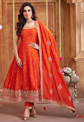 Embroidered Georgette Anarkali Suit in Orange