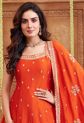 Embroidered Georgette Anarkali Suit in Orange