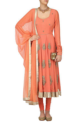 Embroidered Georgette Anarkali Suit in Peach