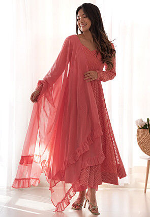 Embroidered Georgette Anarkali Suit in Peach
