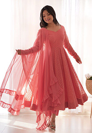 Embroidered Georgette Anarkali Suit in Peach