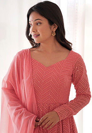 Embroidered Georgette Anarkali Suit in Peach