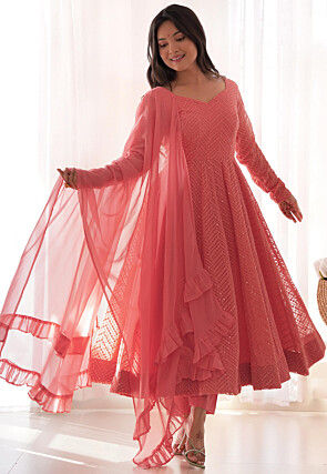 Embroidered Georgette Anarkali Suit in Peach
