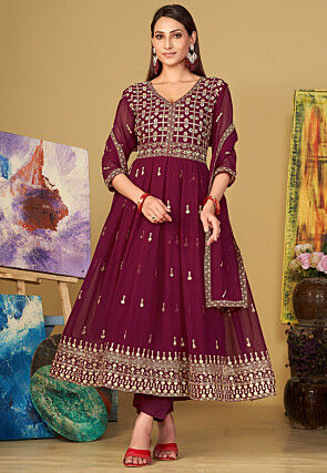 Embroidered Georgette Anarkali Suit in Dark Pink