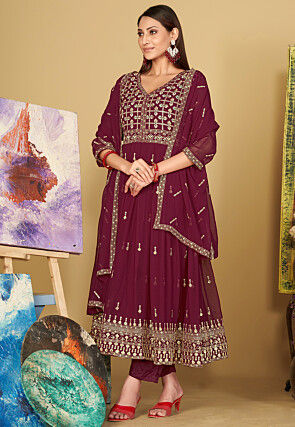 Embroidered Georgette Anarkali Suit in Dark Pink