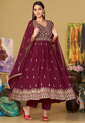 Embroidered Georgette Anarkali Suit in Dark Pink