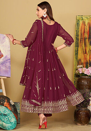 Embroidered Georgette Anarkali Suit in Dark Pink