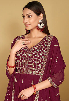 Embroidered Georgette Anarkali Suit in Dark Pink