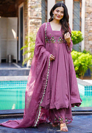 Embroidered Georgette Anarkali Suit in Purple
