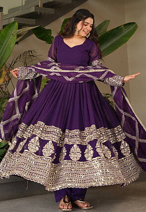Embroidered Georgette Anarkali Suit in Purple