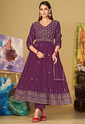 Embroidered Georgette Anarkali Suit in Purple