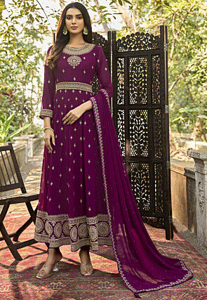 Embroidered Georgette Anarkali Suit in Wine