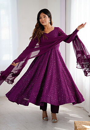 Embroidered Georgette Anarkali Suit in Purple