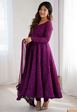 Embroidered Georgette Anarkali Suit in Purple