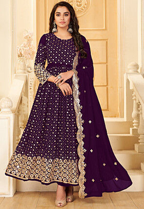 Embroidered Georgette Anarkali Suit in Purple