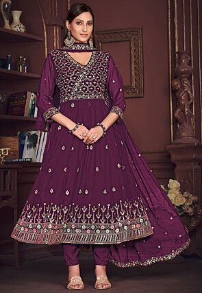 Embroidered Georgette Anarkali Suit in Purple