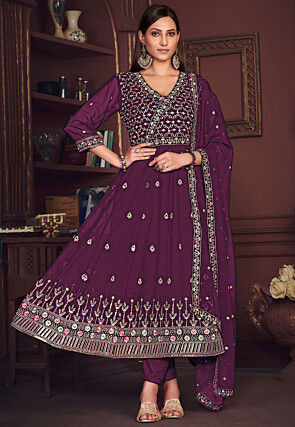Embroidered Georgette Anarkali Suit in Purple
